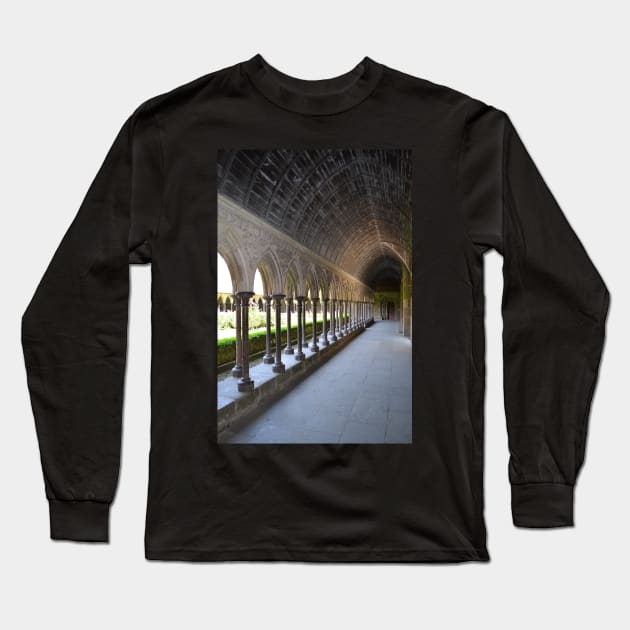 A long hallway open to the garden at Mont Saint-Michel - the castle inspiration for Tangled Long Sleeve T-Shirt by tziggles